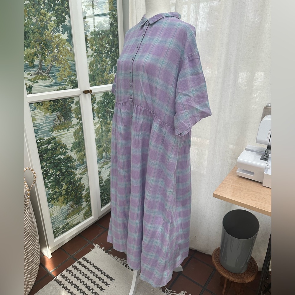 Japanese Brand Samansa Mos2 Plaid Linen Oversized Dress Sz Medium - Picture 7 of 10